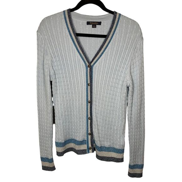 Brooks Brothers Blue Cable Knit Cotton Button Down Cardigan Sweater Size Large - Picture 1 of 7
